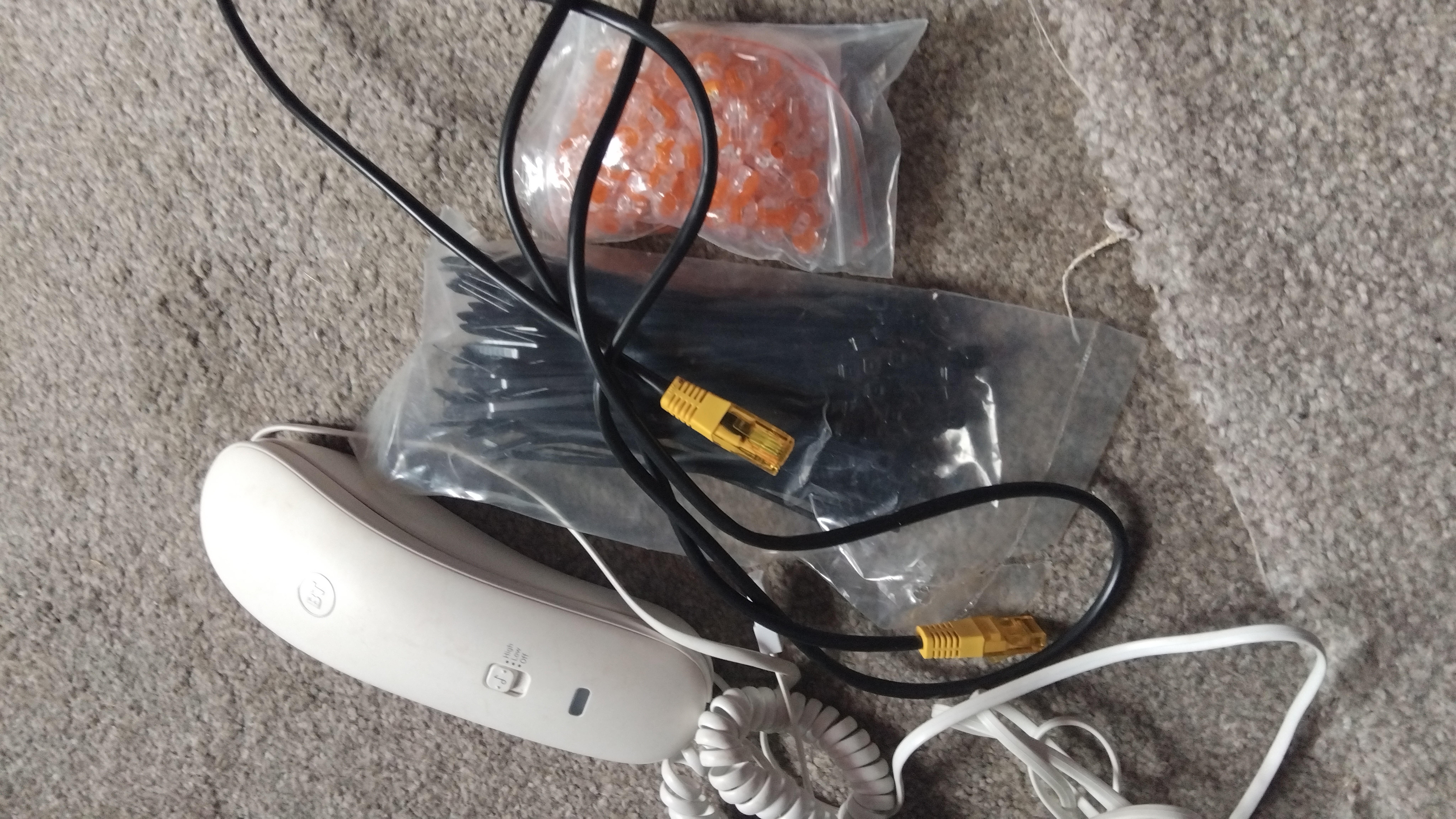 BT test phone, ethernet cable, jelly crimps and cable ties